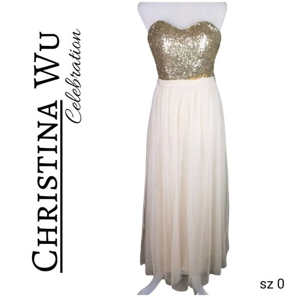 Christina Wu Prom Gown Gold Sequin Sweetheart Bodice Champagne Maxi Dress - Picture 2 of 8